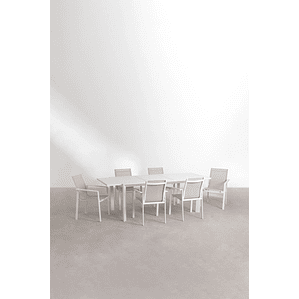 Juego de Comerdor Mesa Extensible Rectangular en Aluminio (180-240x100 cm) Starmi y 6 Sillas de Jardín Eika Blanco Gardenia