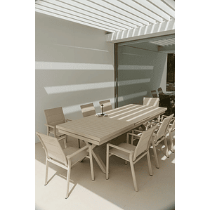 Juego de Comedor Mesa Extensible Rectangular (180-240x90 cm) Y 8 Sillas de Jardín Apilables en Aluminio Karena Beige Tapioca