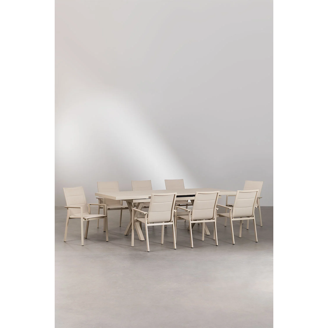 Juego de Comedor Mesa Extensible Rectangular (180-240x90 cm) Y 8 Sillas de Jardín Apilables en Aluminio Karena Beige Tapioca 2
