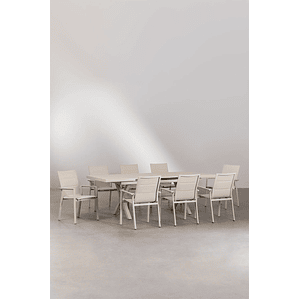 Juego de Comedor Mesa Extensible Rectangular (180-240x90 cm) Y 8 Sillas de Jardín Apilables en Aluminio Karena Beige Tapioca