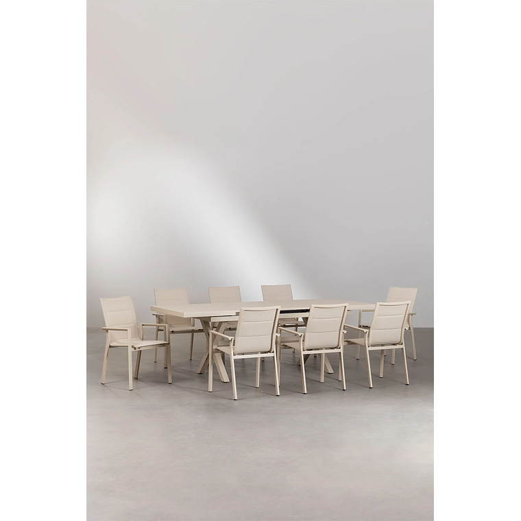 Juego de Comedor Mesa Extensible Rectangular (180-240x90 cm) Y 8 Sillas de Jardín Apilables en Aluminio Karena Beige Tapioca 2