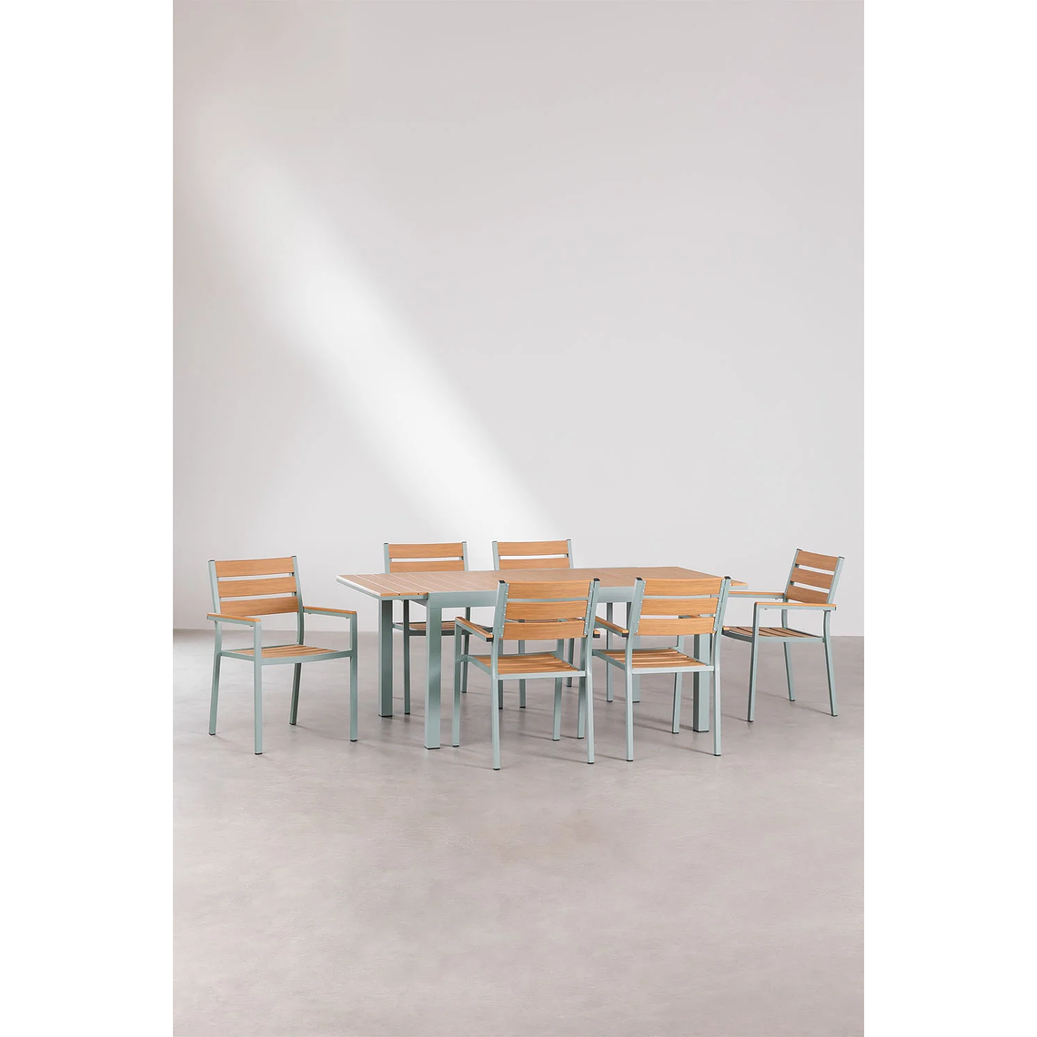 Juego de Comedor Mesa Extensible Rectangular en Aluminio (150-197x90 cm) y 6 Sillas de Jardín Apilables con Reposabrazos Saura Verde Caqui 1