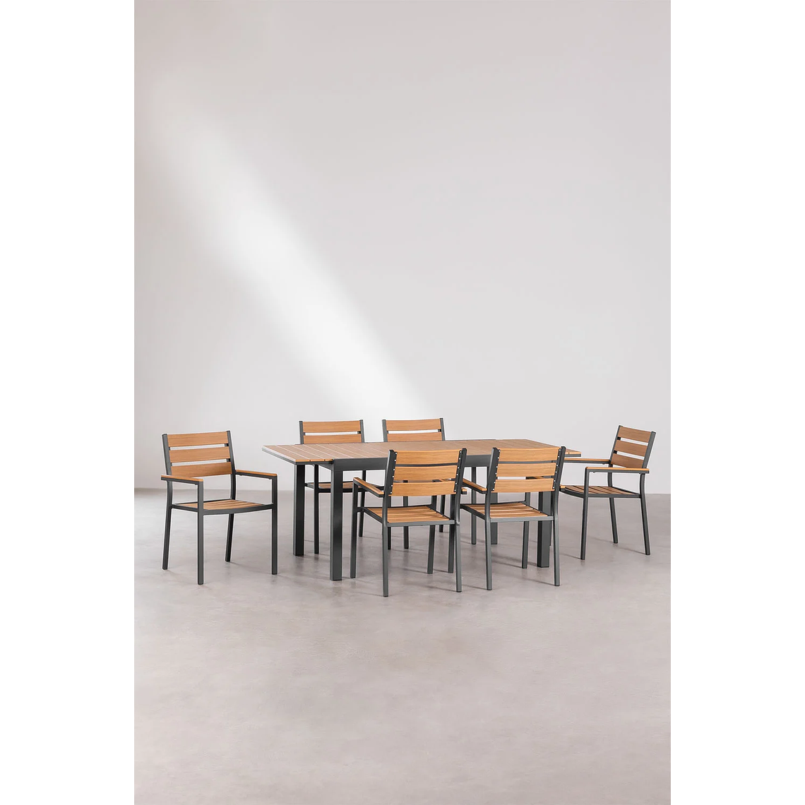 Juego de Comedor Mesa Extensible Rectangular en Aluminio (150-197x90 cm) y 6 Sillas de Jardín Apilables con Reposabrazos Saura Gris Grafito 2