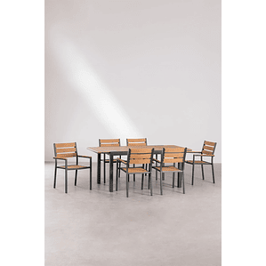 Juego de Comedor Mesa Extensible Rectangular en Aluminio (150-197x90 cm) y 6 Sillas de Jardín Apilables con Reposabrazos Saura Gris Grafito