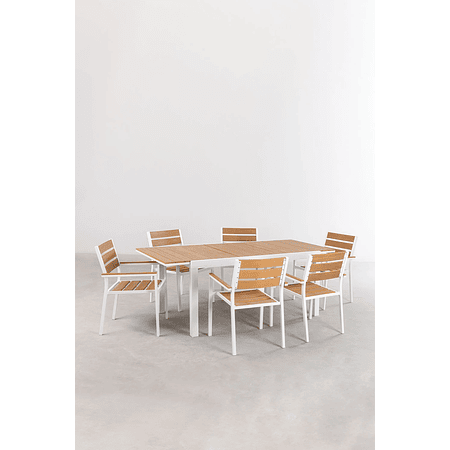 Juego de Comedor Mesa Extensible Rectangular en Aluminio (150-197x90 cm) y 6 Sillas de Jardín Apilables con Reposabrazos Saura Blanco Gardenia