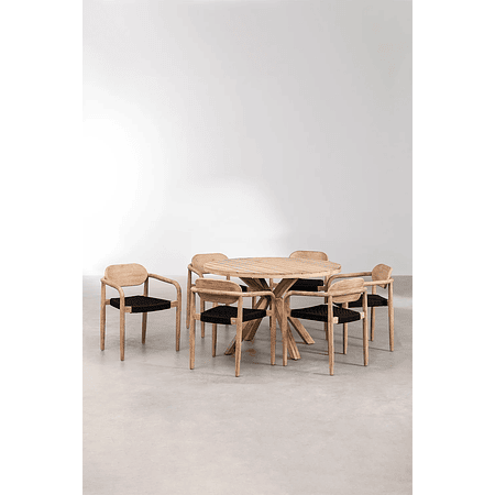 Juego de Comedor Mesa Redonda (Ø120 cm) y 6 Sillas de Jardín con Reposabrazos en Madera Naele Negro