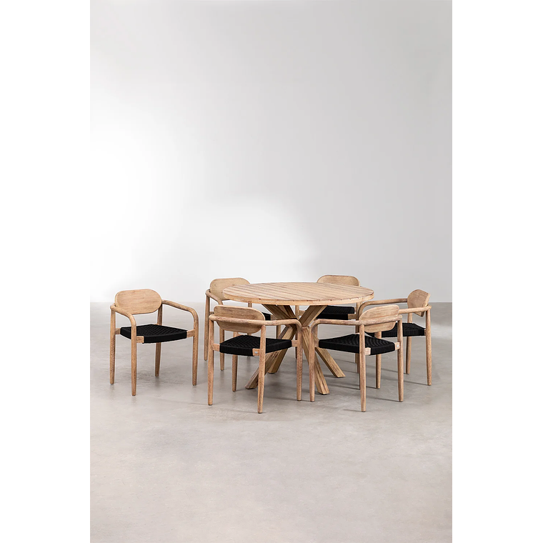 Juego de Comedor Mesa Redonda (Ø120 cm) y 6 Sillas de Jardín con Reposabrazos en Madera Naele Negro 2