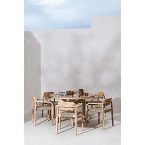 Juego de Comedor Mesa Redonda (Ø120 cm) y 6 Sillas de Jardín con Reposabrazos en Madera Naele Marrón Trigo