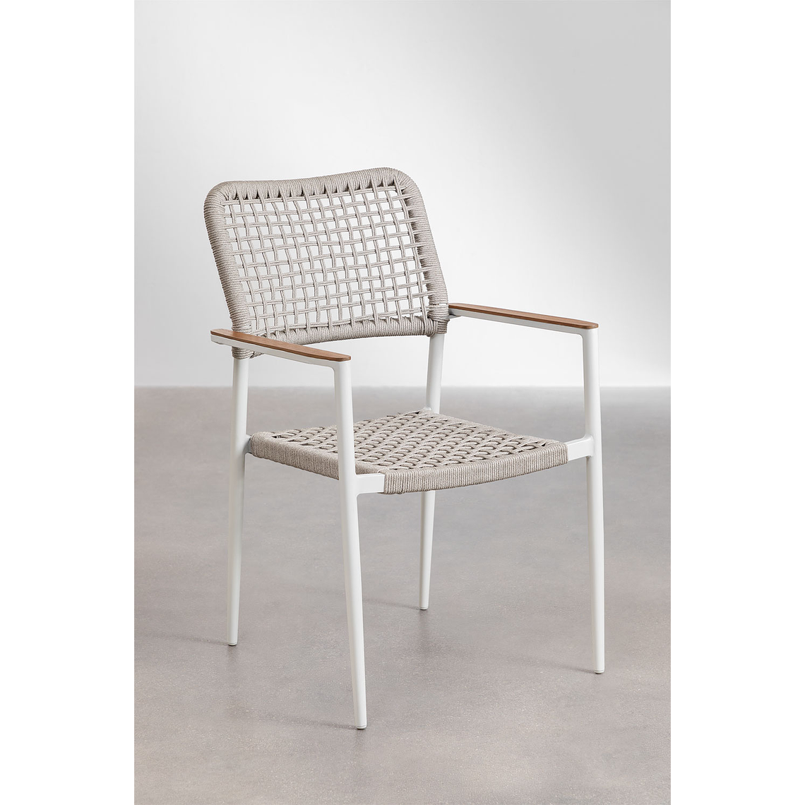 Juego de Comedor Mesa Rectangular en Aluminio y Madera de Teca (160x90 cm) Katiana y 6 Sillas en Aluminio y Cuerda Trenzada Nediam Blanco 6