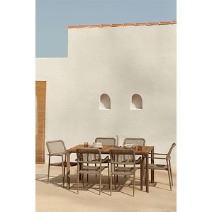 Juego de Comedor Mesa Rectangular en Aluminio y Madera de Teca (160x90 cm) Katiana y 6 Sillas en Aluminio y Cuerda Trenzada Nediam Marrón Moka