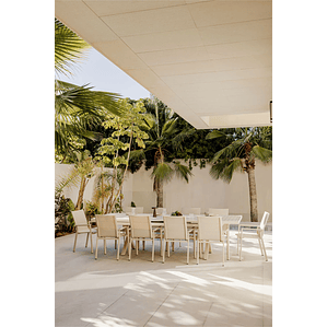 Juego de Mesa Extensible Rectangular (240-300x100 cm) y 10 Sillas de Jardín Apilables en Aluminio Karena Beige Tapioca