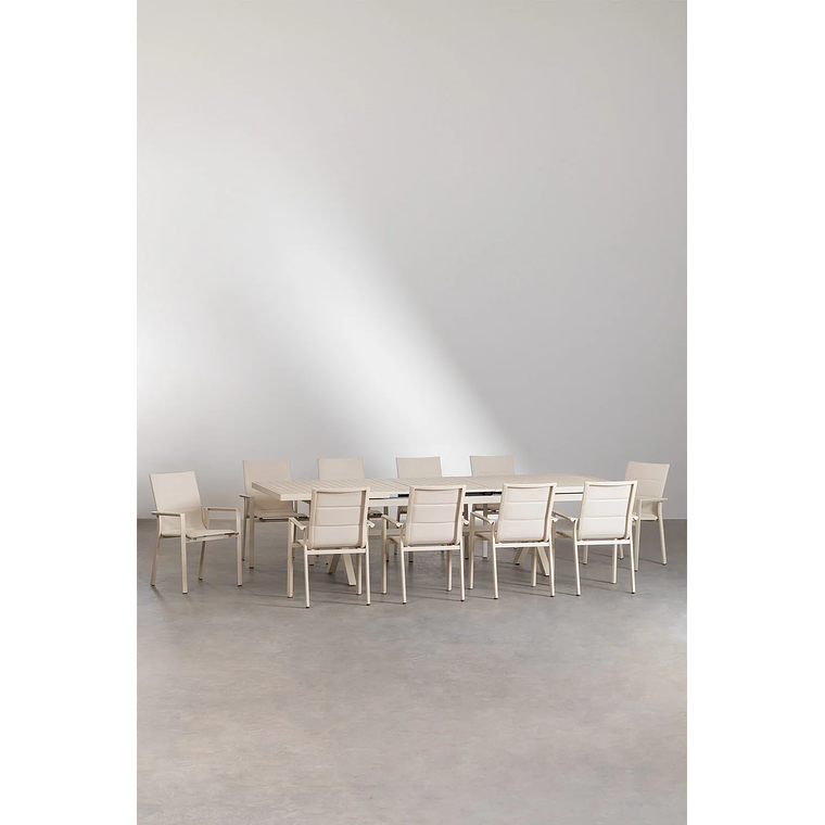 Juego de Mesa Extensible Rectangular (240-300x100 cm) y 10 Sillas de Jardín Apilables en Aluminio Karena Beige Tapioca 2