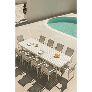 Juego de Mesa de Jardín Extensible Rectangular en Aluminio (240-300x100 cm) Karena y 10 Sillas de Jardín Eika