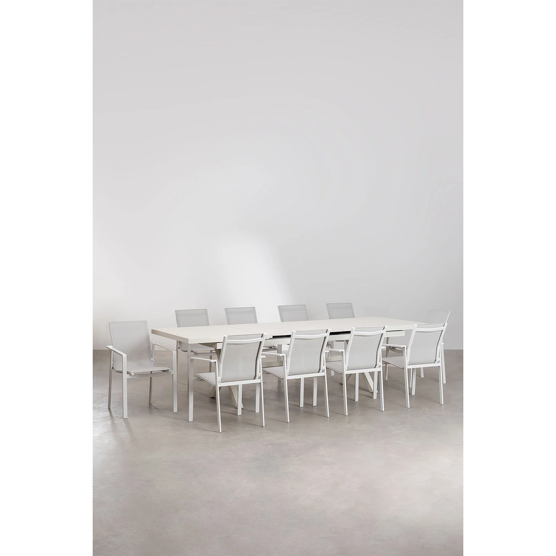 Juego de Mesa de Jardín Extensible Rectangular en Aluminio (240-300x100 cm) Karena y 10 Sillas de Jardín Eika 2