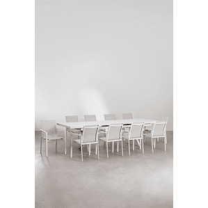 Juego de Mesa de Jardín Extensible Rectangular en Aluminio (240-300x100 cm) Karena y 10 Sillas de Jardín Eika