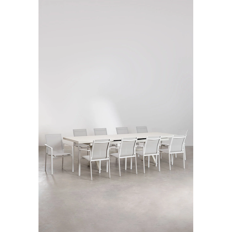 Juego de Mesa de Jardín Extensible Rectangular en Aluminio (240-300x100 cm) Karena y 10 Sillas de Jardín Eika 2