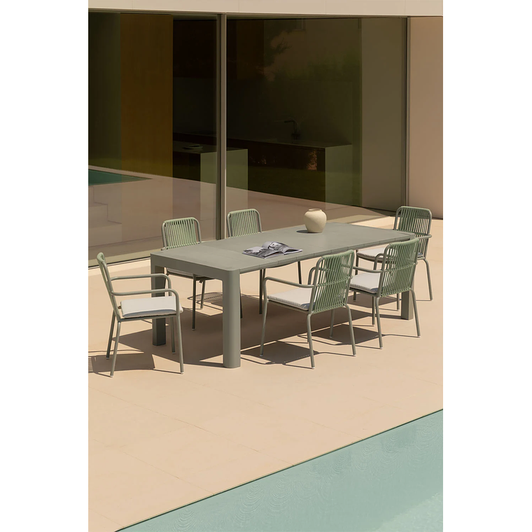 Juego de Mesa Rectangular (180x100 cm) Arnadine y 6 Sillas de Jardín Apilables en Aluminio Alberta Verde Caqui 1