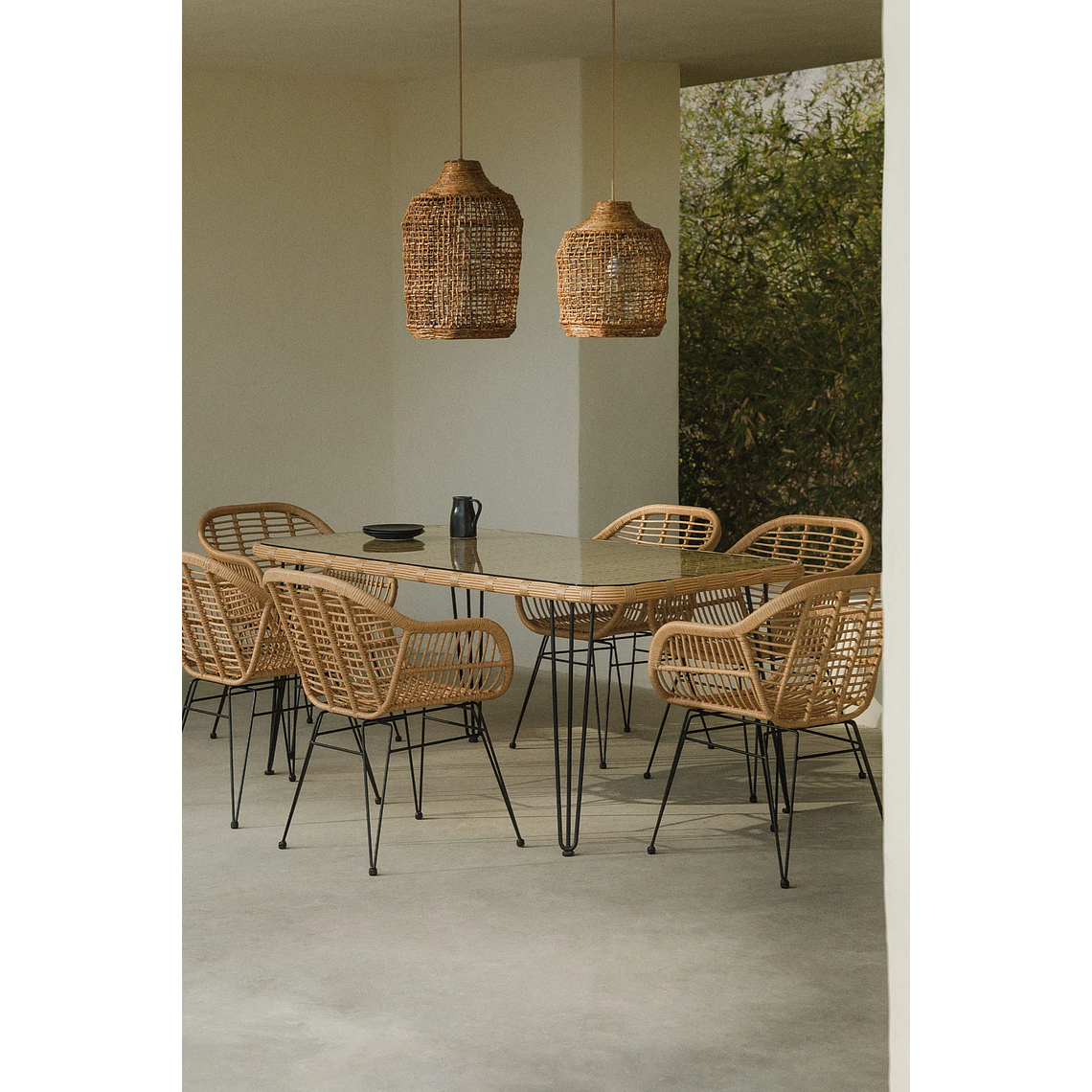 Juego de Mesa Rectangular en Mimbre Sintético (180x90 cm) Leribert y 6 Sillas de Jardín en Ratán Sintético Zole 1