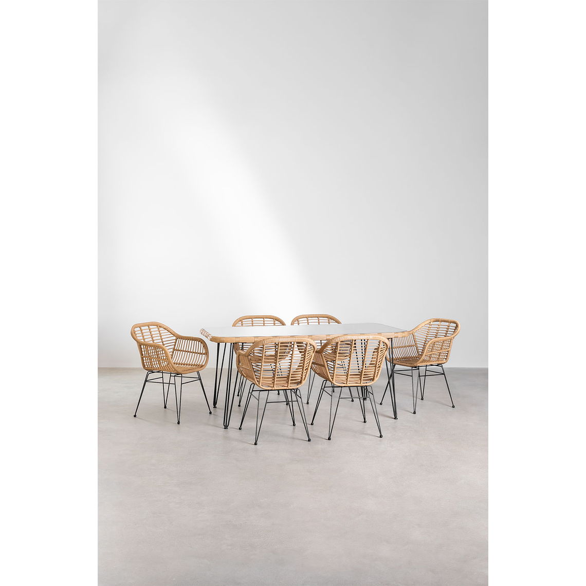 Juego de Mesa Rectangular en Mimbre Sintético (180x90 cm) Leribert y 6 Sillas de Jardín en Ratán Sintético Zole 2