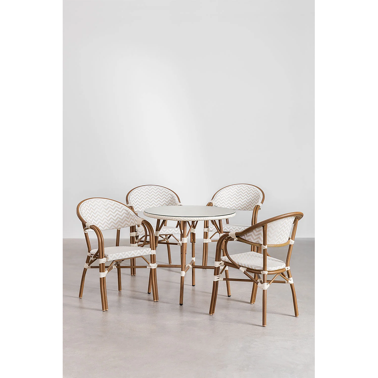 Juego de Mesa Redonda (Ø80 cm) y 4 Sillas de Jardín Apilables con Reposabrazos en Aluminio Brielle Bistro 2