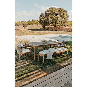 Juego de Mesa Rectangular (200x100 cm), 2 Bancos y 2 Sillas de Jardín con Reposabrazos en Madera de Eucalipto Aderyn