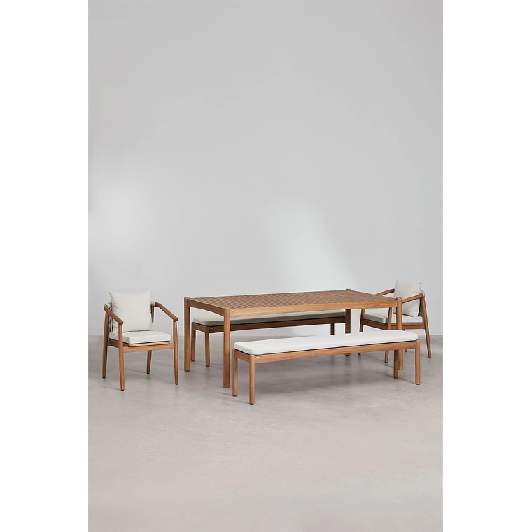 Juego de Mesa Rectangular (200x100 cm), 2 Bancos y 2 Sillas de Jardín con Reposabrazos en Madera de Eucalipto Aderyn 2