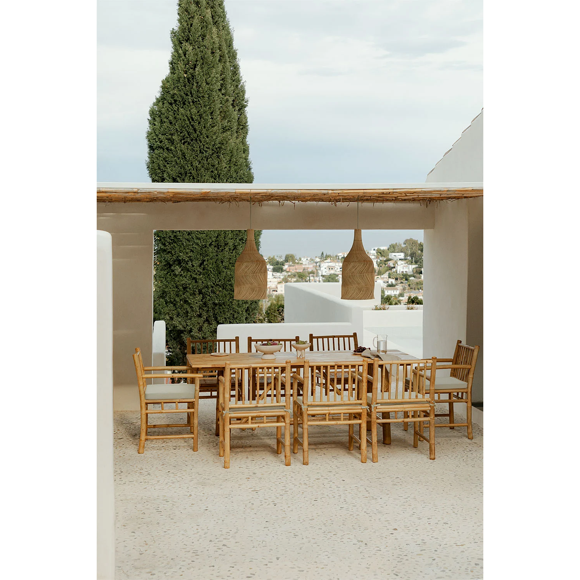 Juego de Mesa Rectangular (200x80 cm) y 8 Sillas de Jardín con Reposabrazos en Bambú Senia 1