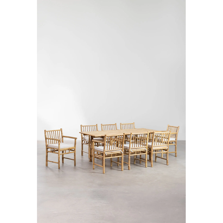 Juego de Mesa Rectangular (200x80 cm) y 8 Sillas de Jardín con Reposabrazos en Bambú Senia 2