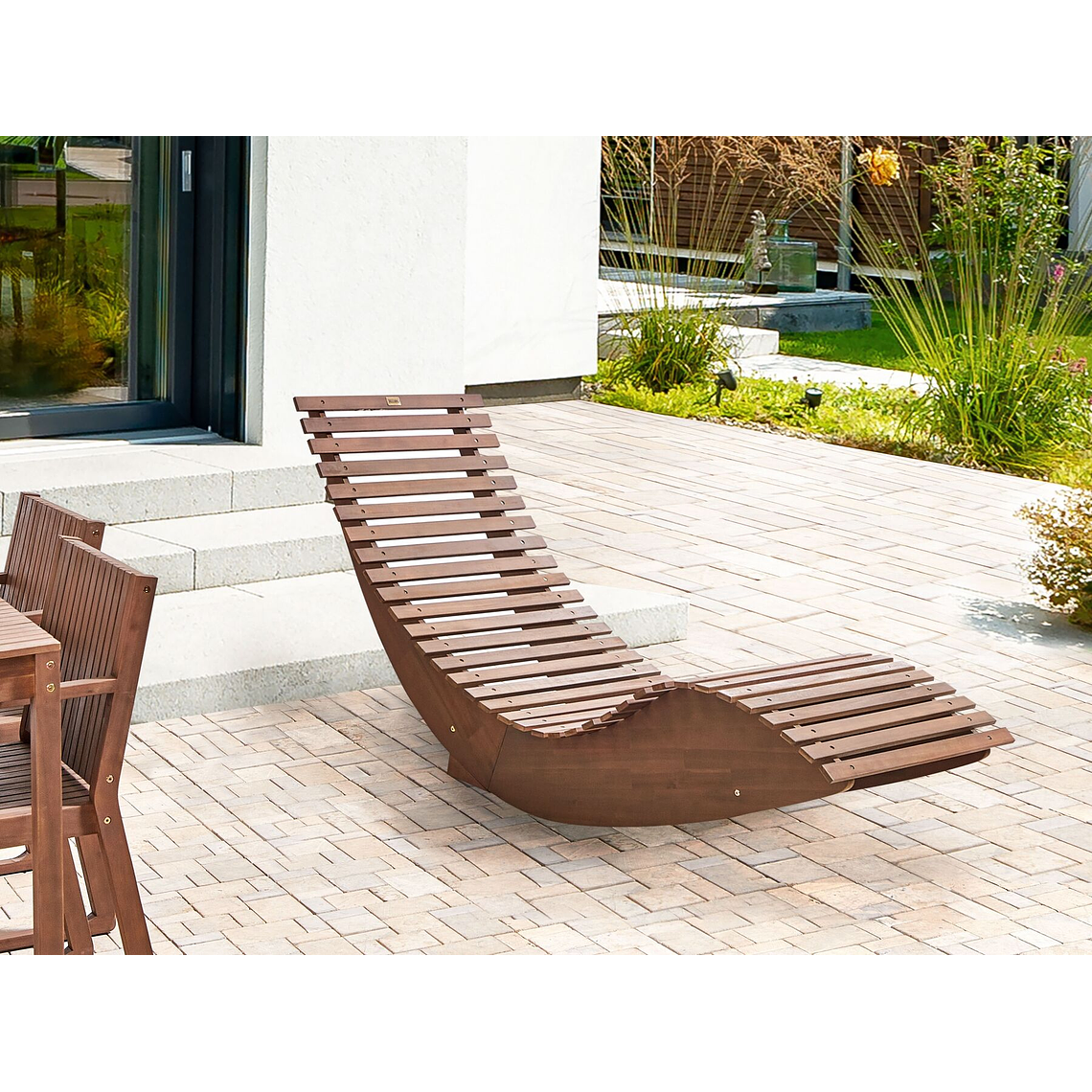 Reposera de jardín de madera de acacia oscura con cojín azul BRESCIA 3