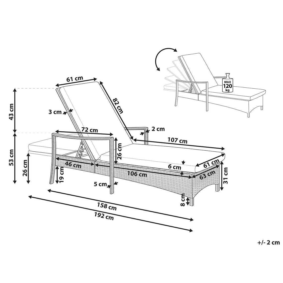 Reposera de jardín de ratán gris VASTO 15