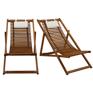 Set de 2 reposeras de madera maciza con cojín de tela blanca MOONA