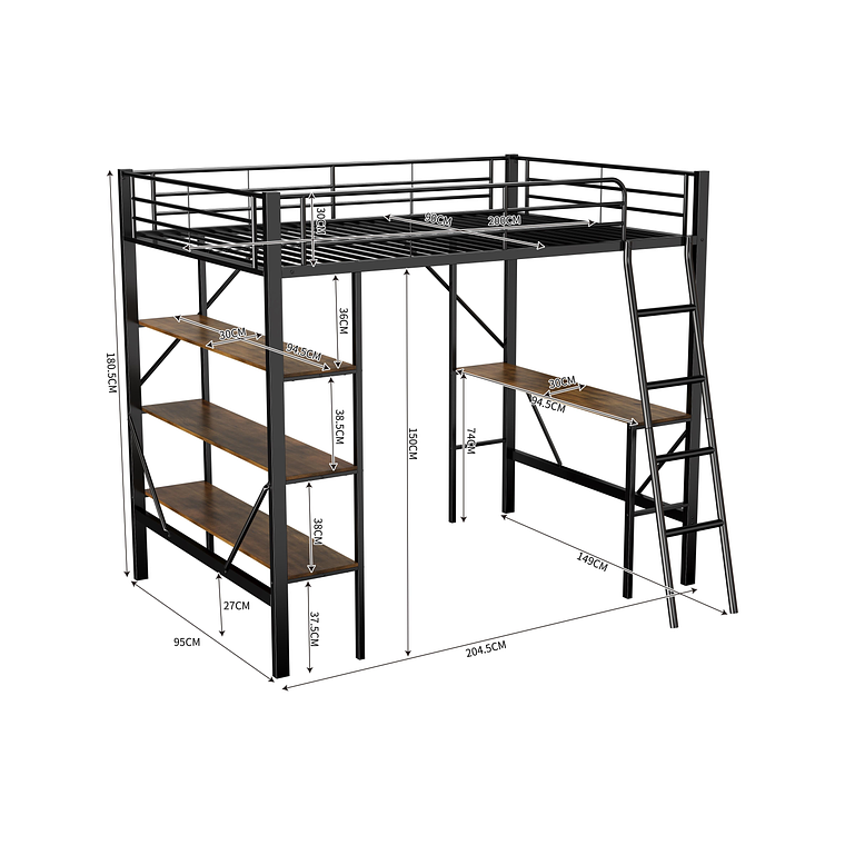 Camarote con escritorio y marco de metal 90 x 200 cm incluye tres estantes grandes, negro 3