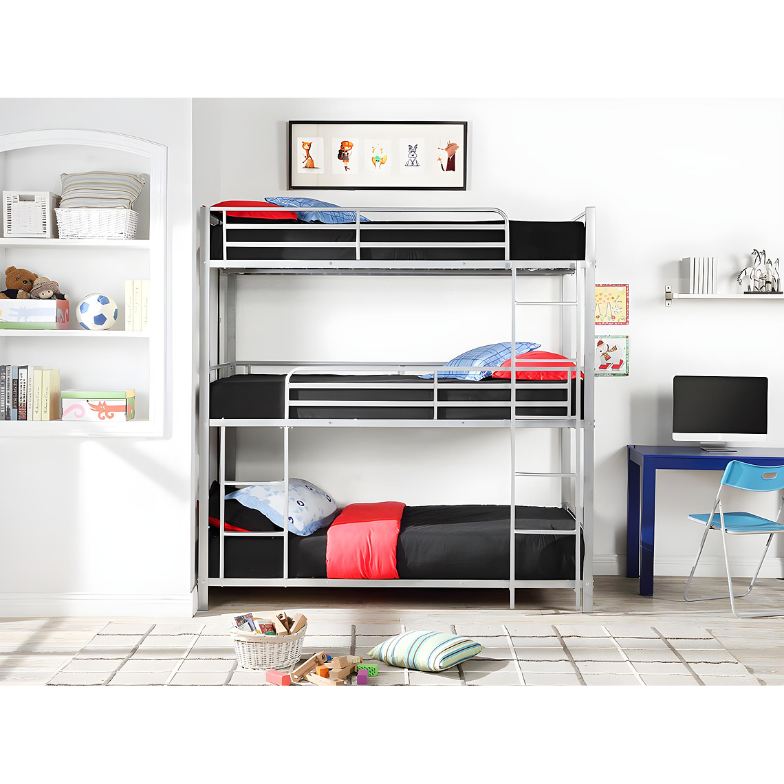 Camarote triple - 3 x 90 x 190 cm - metal - plata + colchón - ELOUAN III color gris plata 3