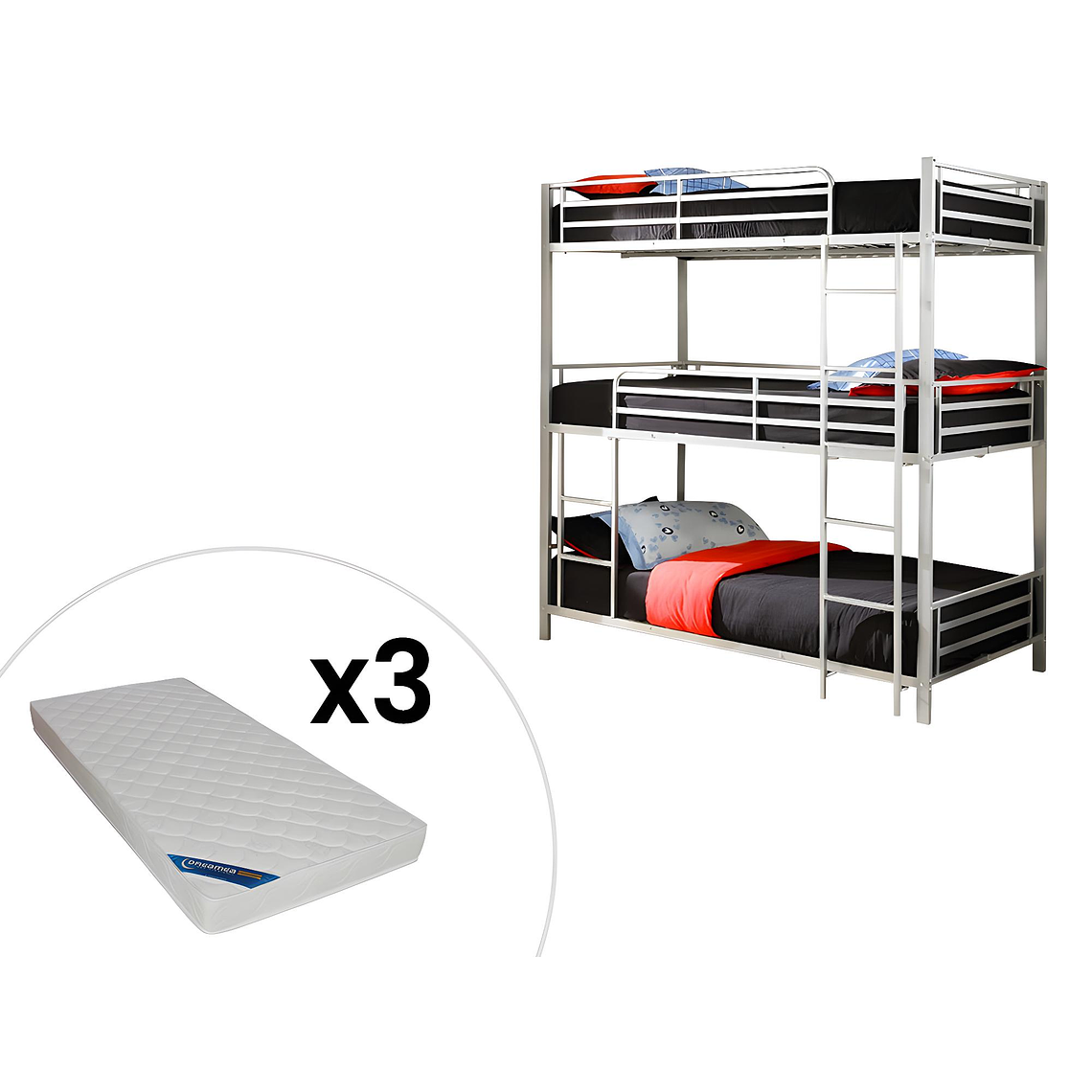 Camarote triple - 3 x 90 x 190 cm - metal - plata + colchón - ELOUAN III color gris plata 7