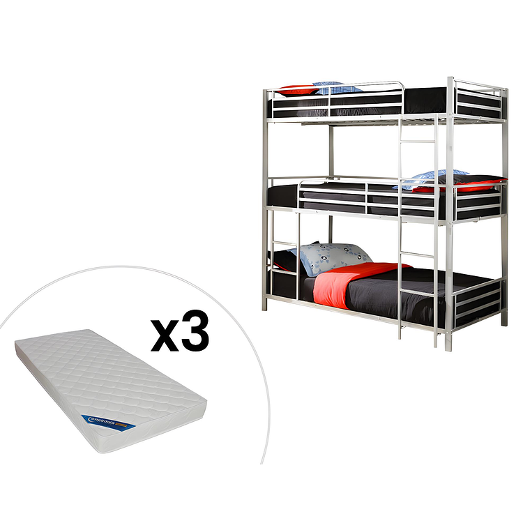 Camarote triple - 3 x 90 x 190 cm - metal - plata + colchón - ELOUAN III color gris plata 7
