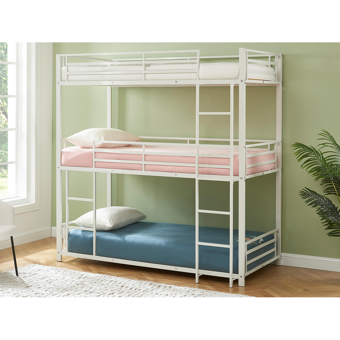 Litera triple - 3 x 90 x 190 cm - metal - plata + colchón - ELOUAN III color blanco 2