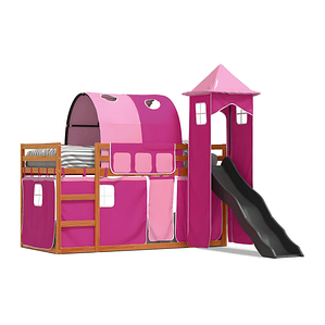 Camarote con tobogán y cortinas rosa 90x200 cm