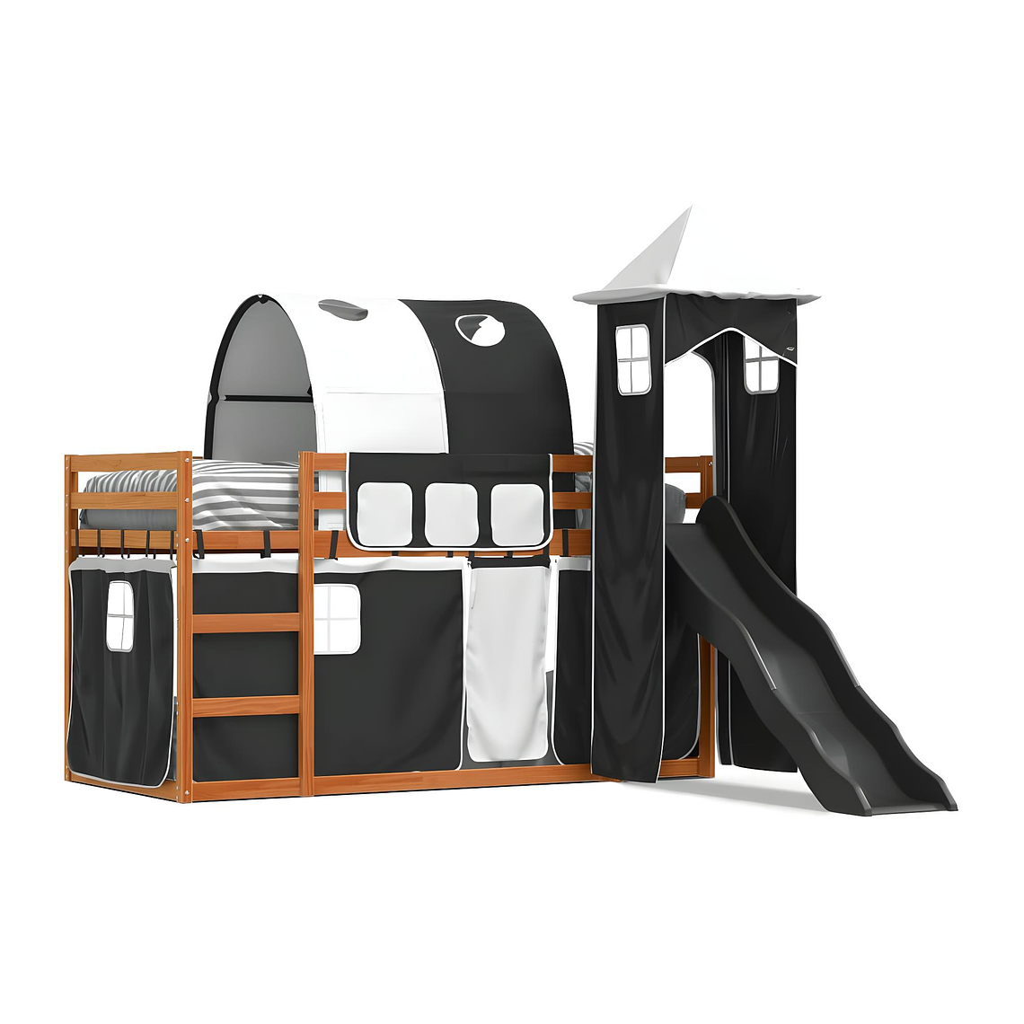 Camarote con tobogán y cortinas blanco y negro 90x200 cm 1