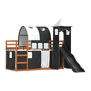 Camarote con tobogán y cortinas blanco y negro 90x200 cm