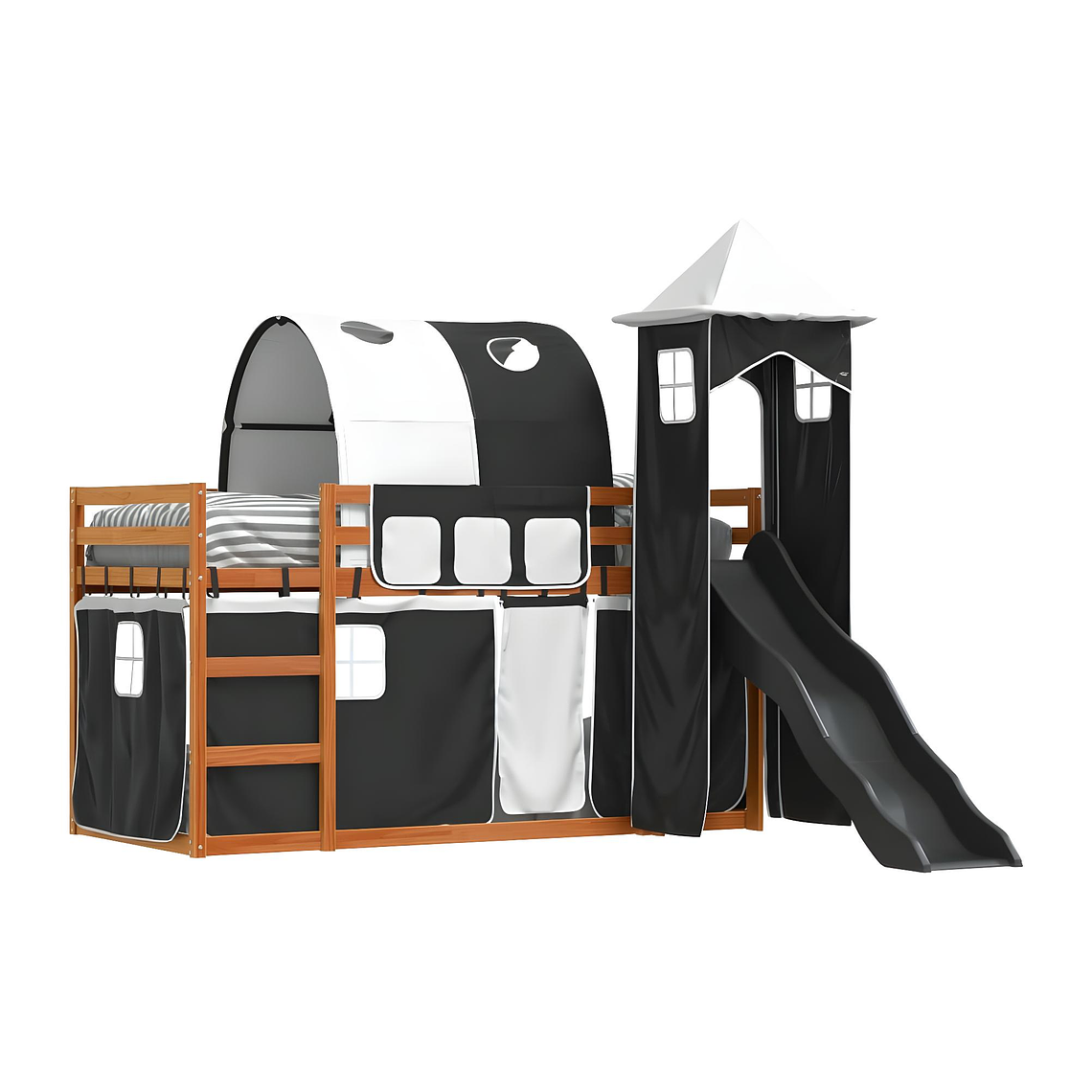 Camarote con tobogán y cortinas blanco y negro 90x200 cm 4