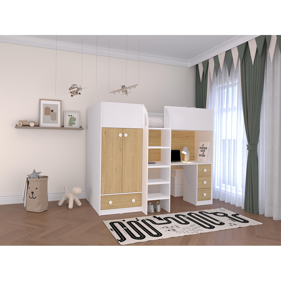 Camarote alta 90 x 190 cm con armario y escritorio - blanco y natural - CINAMO 1