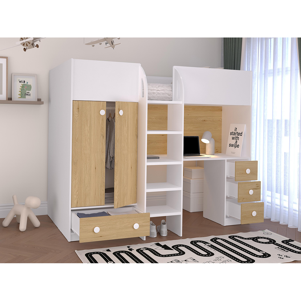 Camarote alta 90 x 190 cm con armario y escritorio - blanco y natural - CINAMO 2