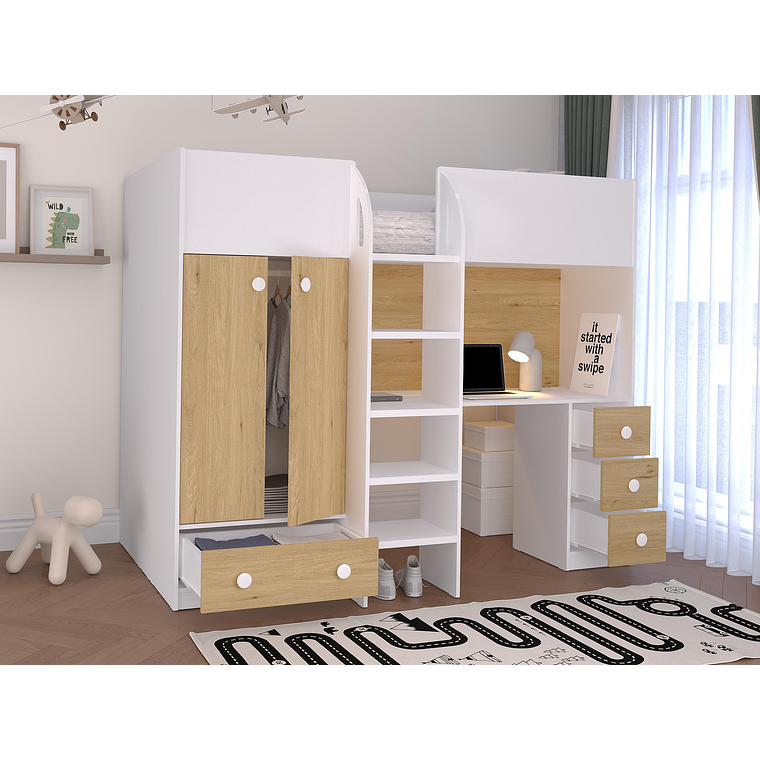 Camarote alta 90 x 190 cm con armario y escritorio - blanco y natural - CINAMO 2