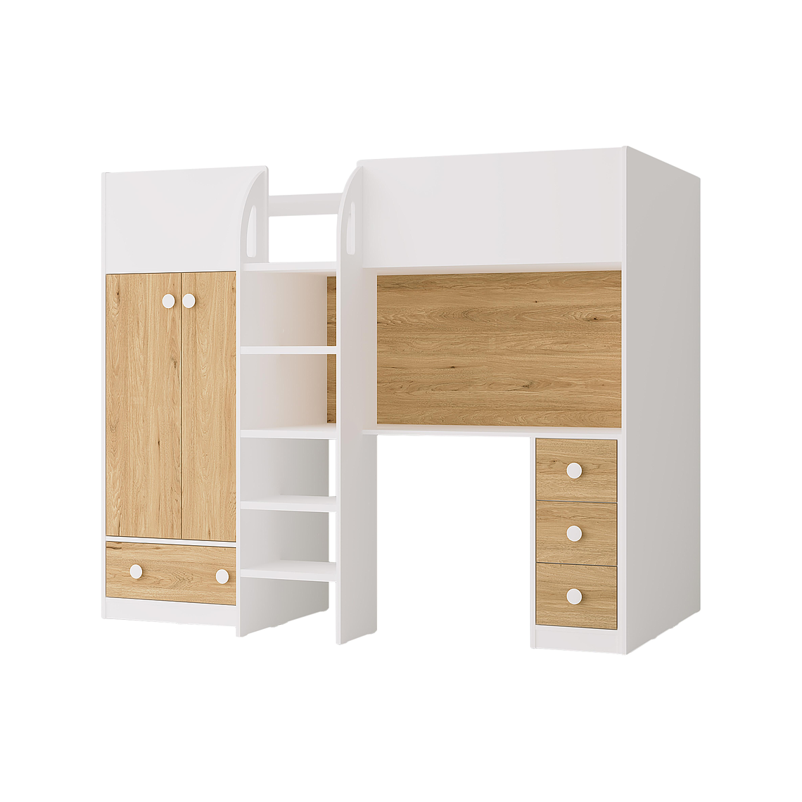 Camarote alta 90 x 190 cm con armario y escritorio - blanco y natural - CINAMO 3