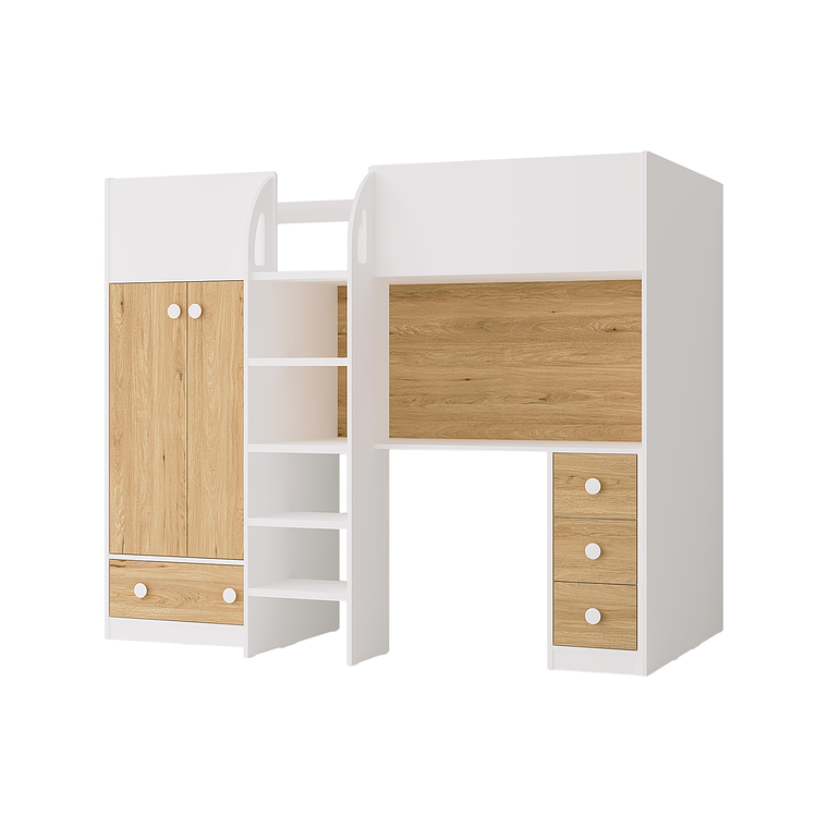 Camarote alta 90 x 190 cm con armario y escritorio - blanco y natural - CINAMO 3