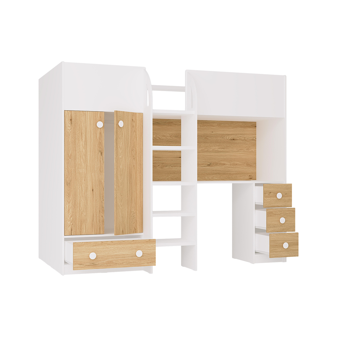 Camarote alta 90 x 190 cm con armario y escritorio - blanco y natural - CINAMO 5