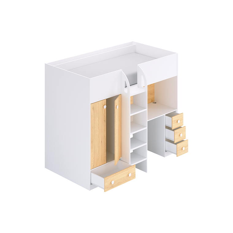 Camarote alta 90 x 190 cm con armario y escritorio - blanco y natural - CINAMO 6