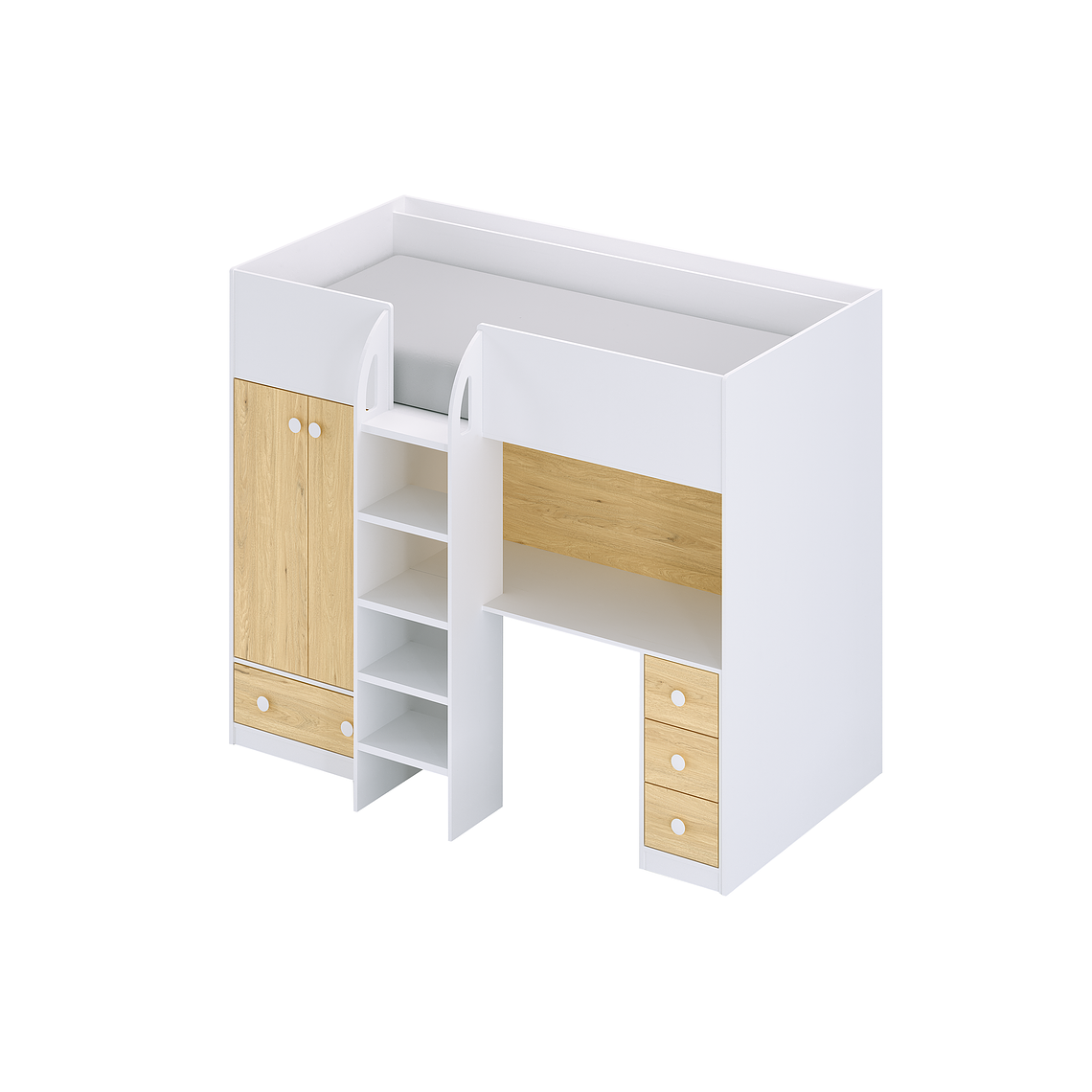 Camarote alta 90 x 190 cm con armario y escritorio - blanco y natural - CINAMO 8