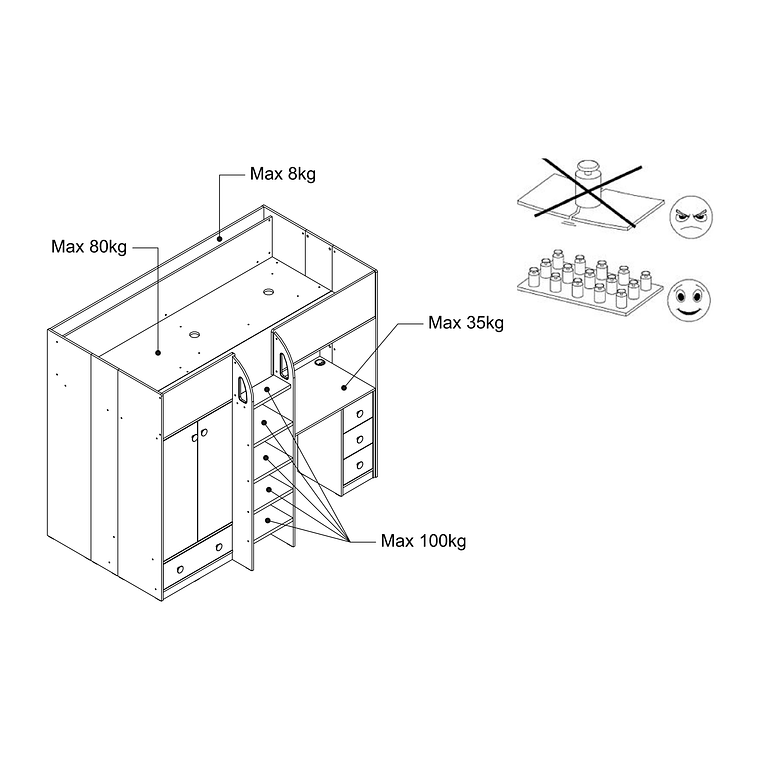 Camarote alta 90 x 190 cm con armario y escritorio - blanco y natural - CINAMO 11