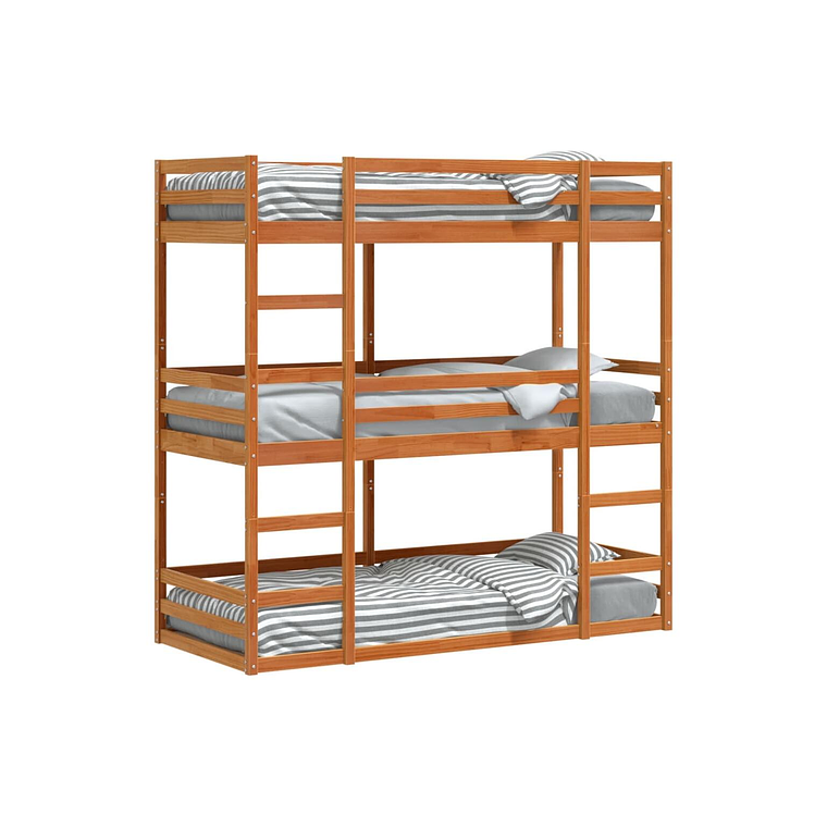 Camarote triple de madera maciza de pino marrón cera 75x190 cm 4